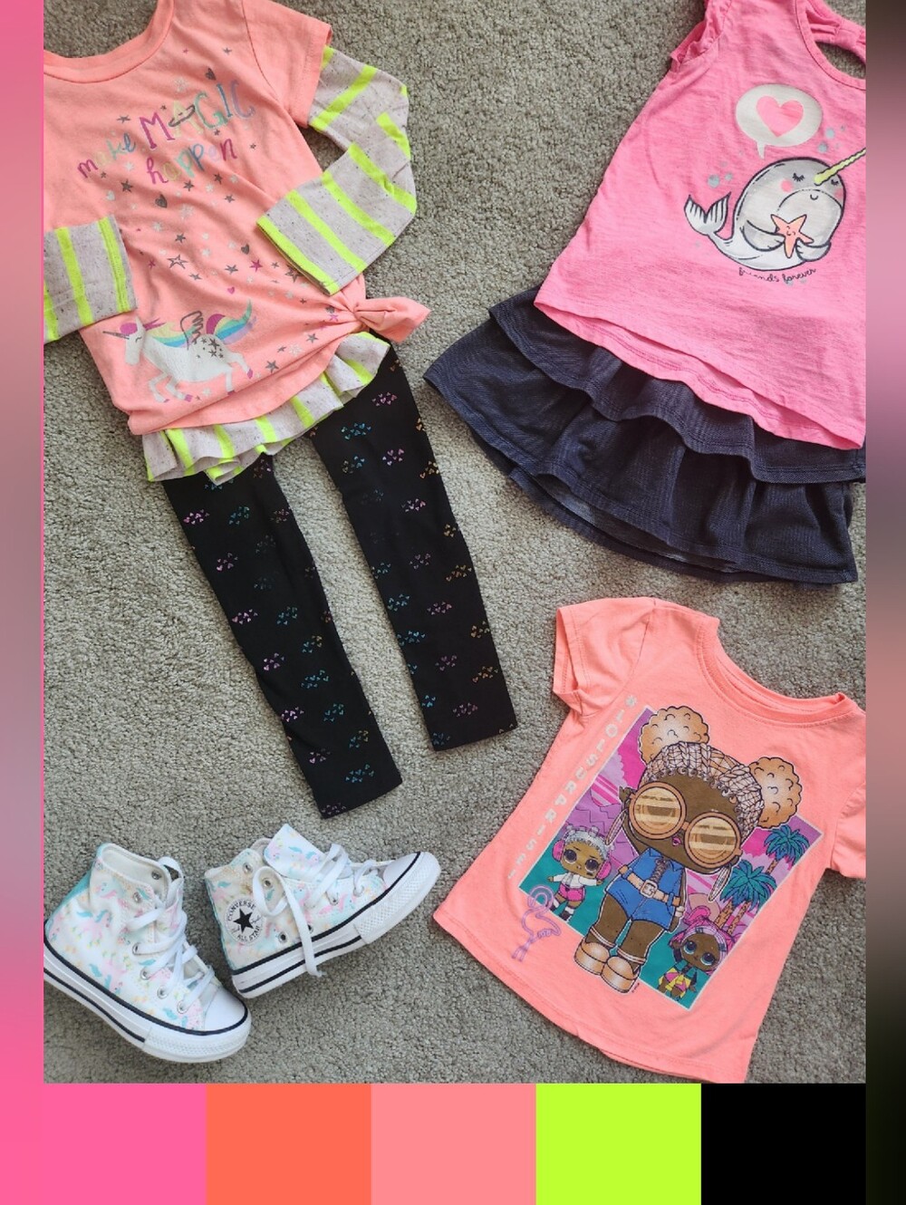 Girls 4T Mix & Match Bundle | Neon, Unicorn, LOL Surprise, School | 6 Pieces
